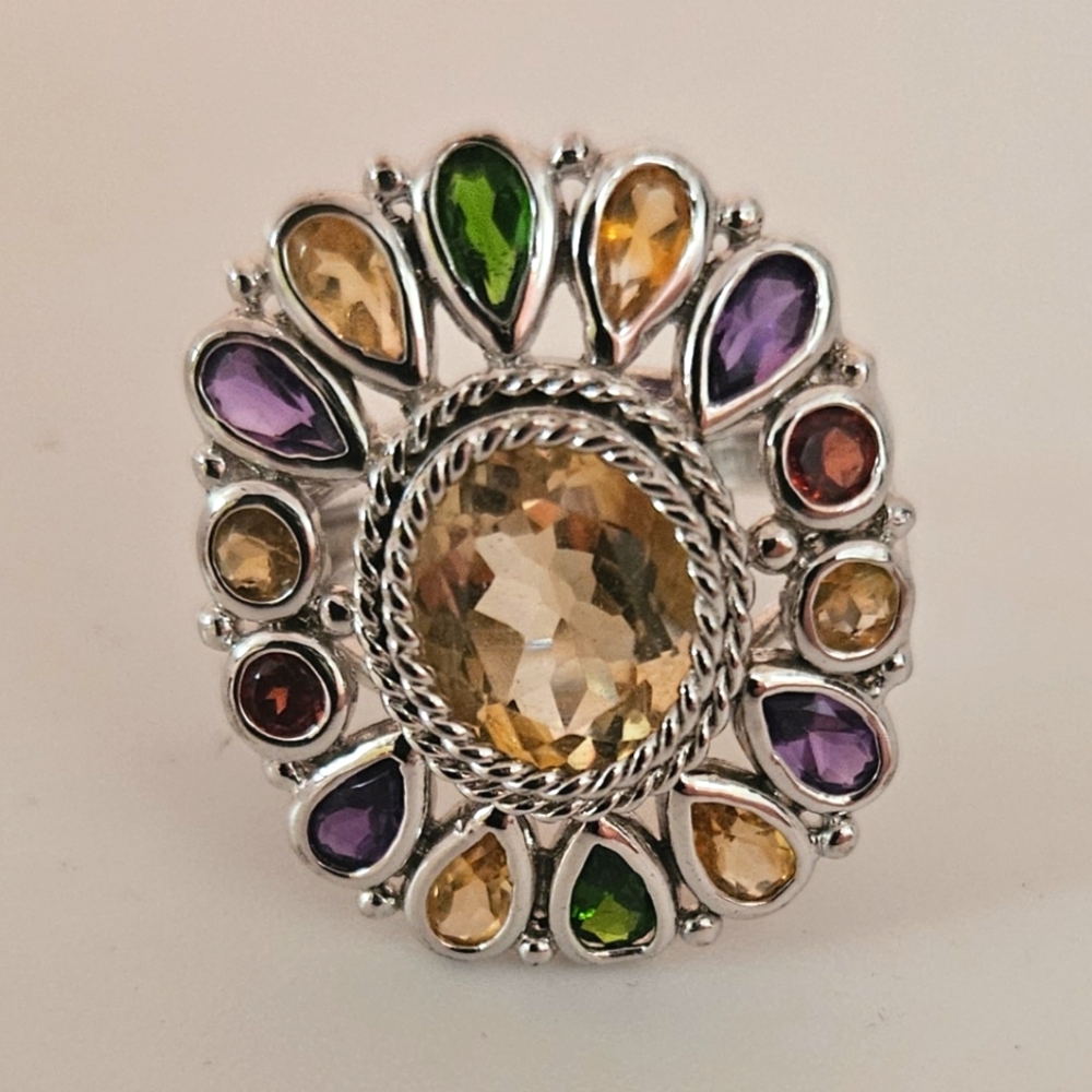 Vtg Amethyst Garnet Citrine Tourmaline 925 Sterling Silver Cocktail Ring size 6